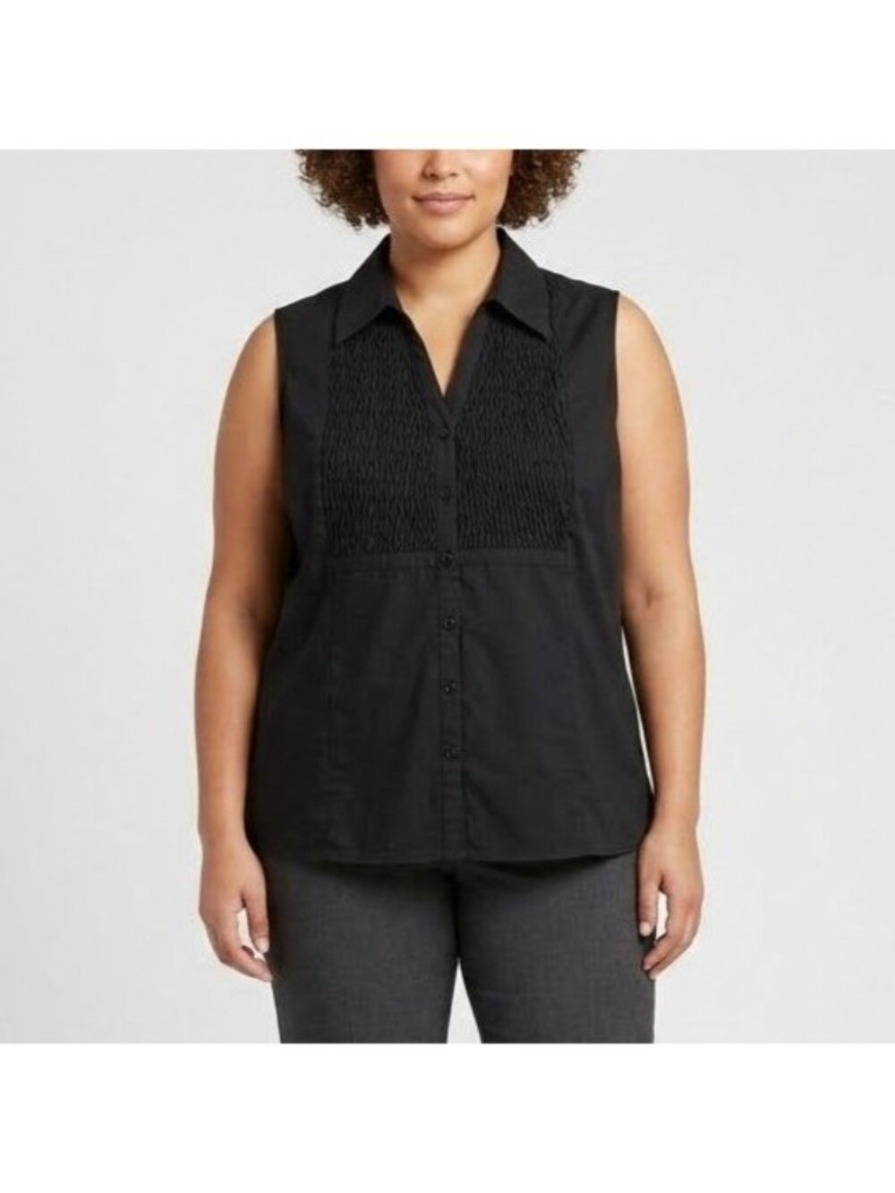 Vintage Allison Taylor Womens XL Black Smocked Bib Button Front Sleeveless Top